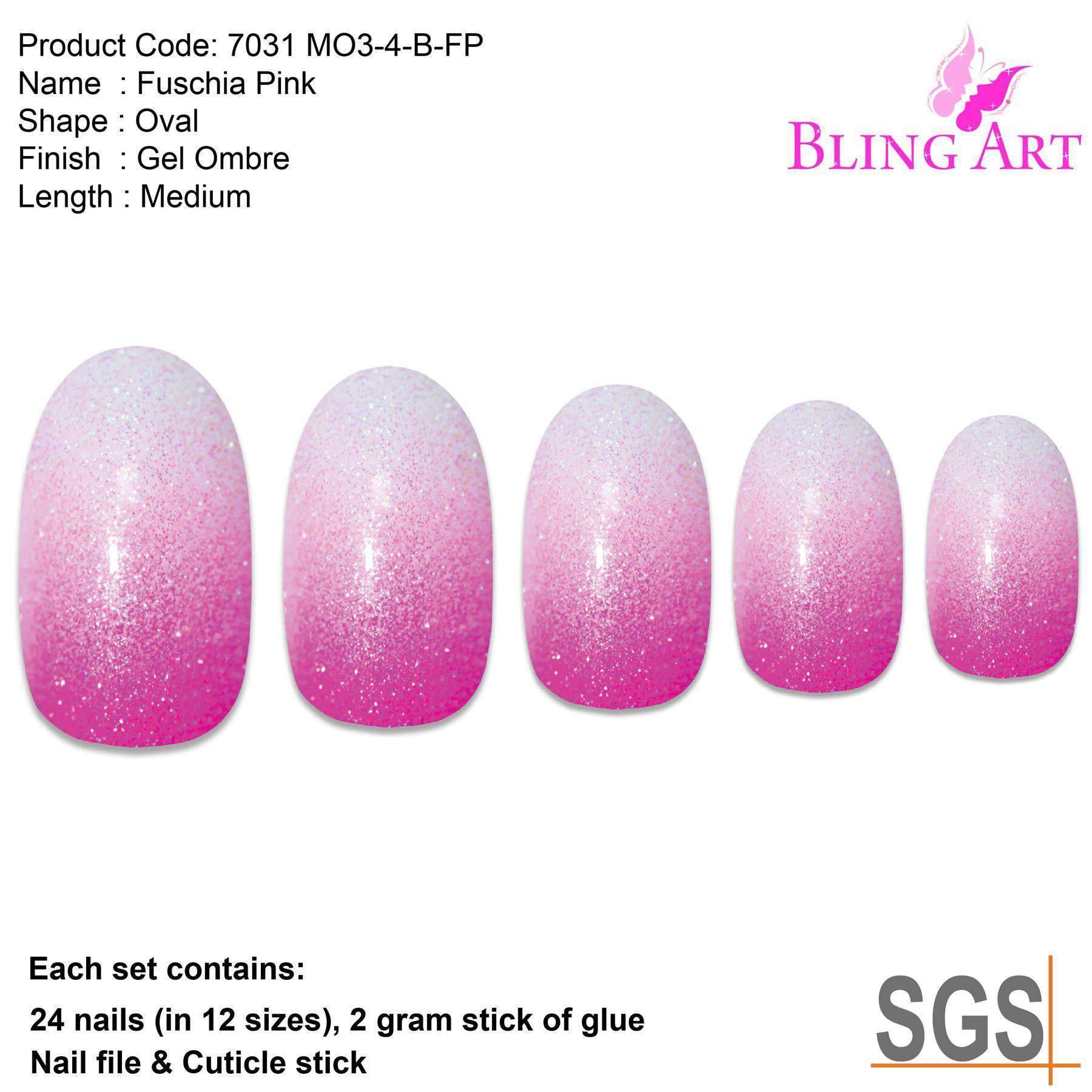 Bling Art Pink Gel Ombre Oval Medium Fake Acrylic Nails set with 24 vibrant pink nail tips, glue, nail file, and cuticle stick.